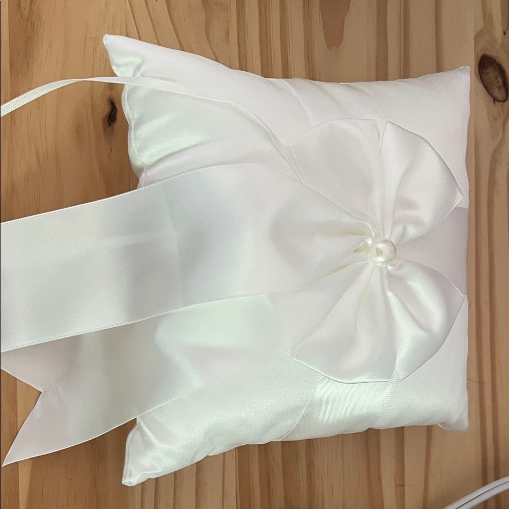 Elegant White Satin Pillow with Bow